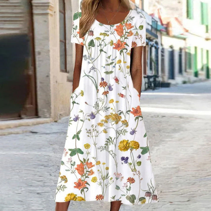 Isabella - Boho Floral Kleid wit Bauchabdeckung